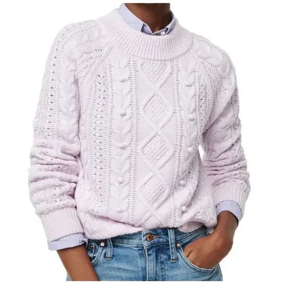 J. Crew Lambswool Azra Cable Knit Pom-Pom Sweater Vivid Lilac Size‎ Medium - Picture 2 of 12